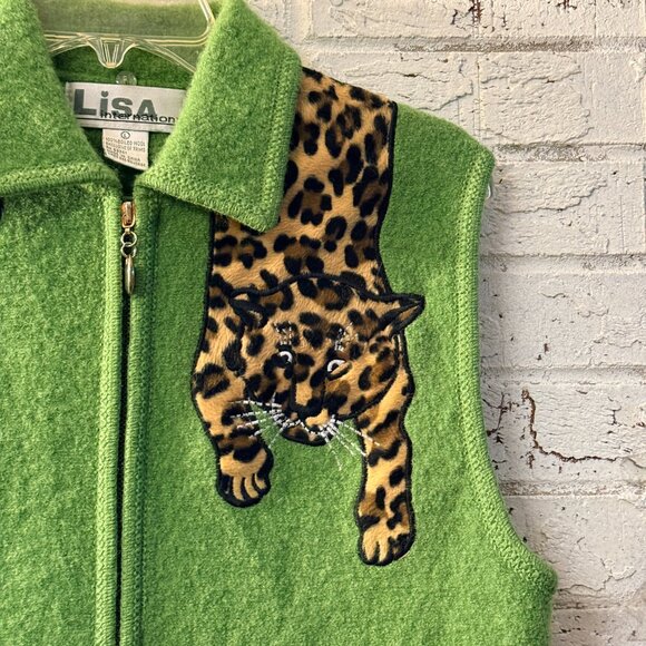 Lisa International Green Boiled Wool Leopard Cat Vest | Vintage Novelty - Picture 2 of 10